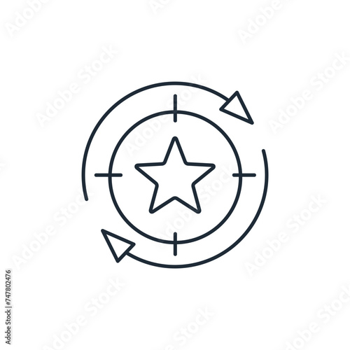 The star is in the center of the target. Plan, define a new achievement. Vector linear icon isolated on white background.