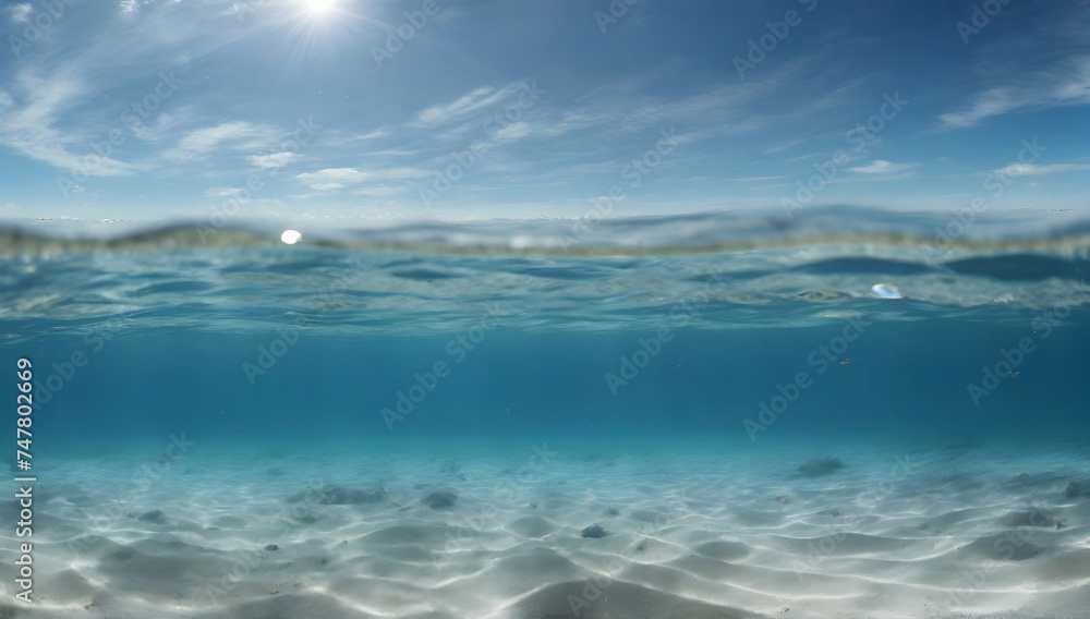 Blue water surface seen from underwater and rays of sunlight shining through. Underwater empty blue ocean panorama background with sandy sea bottom.