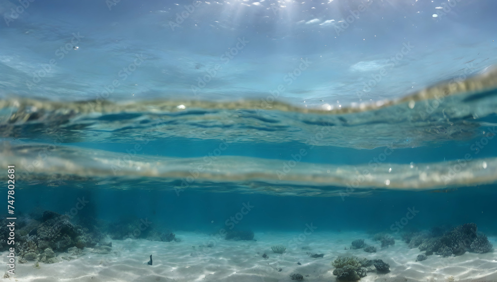 Underwater empty blue ocean panorama background with sandy sea bottom. Blue water surface seen from underwater and rays of sunlight shining through. 