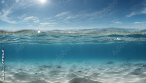 Blue water surface seen from underwater and rays of sunlight shining through. Underwater empty blue ocean panorama background with sandy sea bottom.