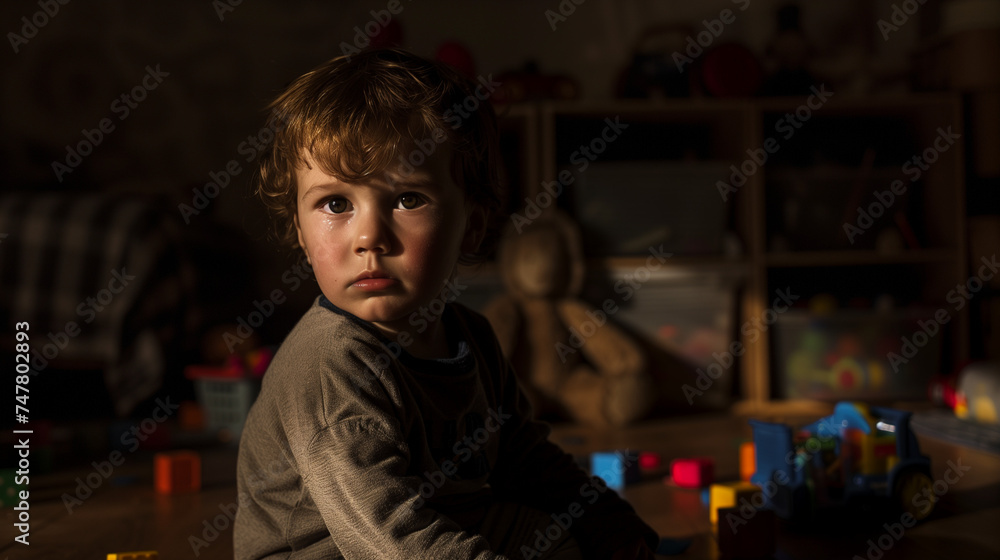 Fototapeta premium Autistic child looks sad in a dark room, with unused toys around him, Ai Generated Images