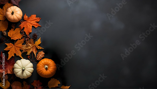 Autumn leaves and pumpkins on dark background. Flat lay, top view. Autumn decoration concept background. photo