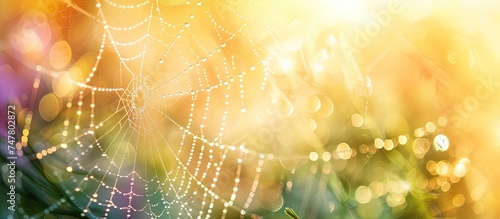 A close-up view of a intricate spider web with dew drops glistening in the light, set against a blurred background. The delicate details of the web are highlighted in the image.