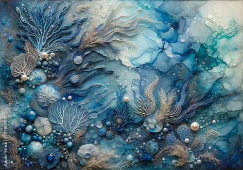 Abstract fluid art paint in concept underwater seascape by alcohol ink fluid texture in deep blue and turquoise tone.