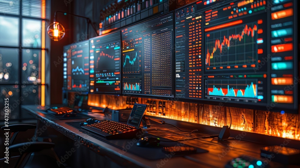 trading monitors set against the wall