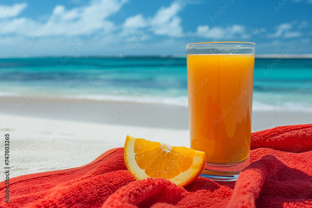 Refreshing Orange Juice by the Beach, a Tropical Glass of Cold Citrus Beverage with Ice on White Sand, Perfect Summer Drink for a Healthy and Fresh Experience Refreshing Orange Juice by the Beach, a Tropical Glass of Cold Citrus Beverage with Ice on White Sand, Perfect Summer Drink for a Healthy and Fresh Experience