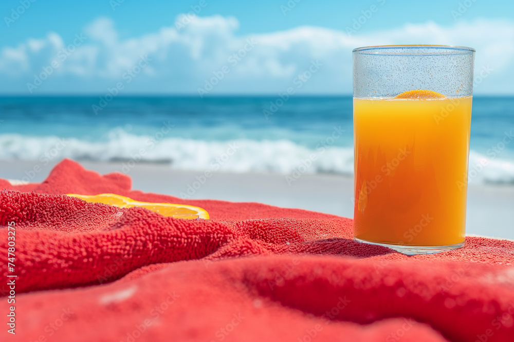 Obraz premium Refreshing Orange Juice by the Beach, a Tropical Glass of Cold Citrus Beverage with Ice on White Sand, Perfect Summer Drink for a Healthy and Fresh Experience
