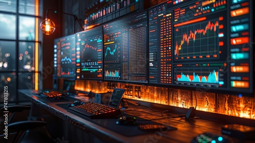 trading monitors set against the wall
