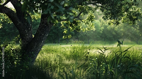 Explore a green world with a tree background. 