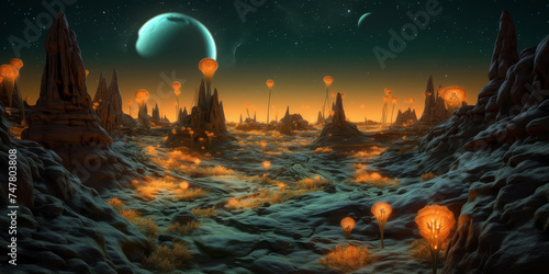 Galen Rowell photography of a cinematic alien desert planet with glowing plants at night