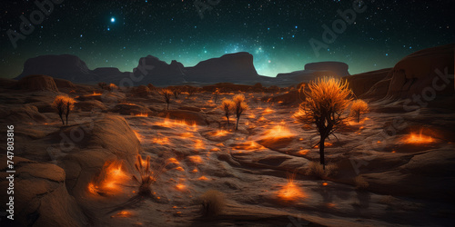 Galen Rowell photography of a cinematic alien desert planet with glowing plants at night photo