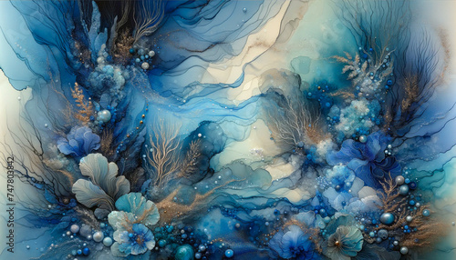 Abstract fluid art paint in concept underwater seascape by alcohol ink fluid texture in deep blue and turquoise tone.