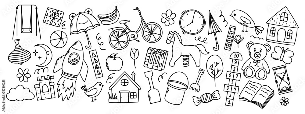 Set of kindergarten doodle elements. Horse, hopscotch, toys, rocket, umbrella, house, book and other elements.