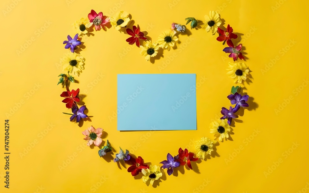 Top view concept of pastel yellow background, Colorful flowers that are arranged in a heart shape