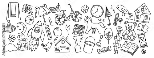 Fototapeta Naklejka Na Ścianę i Meble -  Set of kindergarten doodle elements. Horse, hopscotch, toys, rocket, umbrella, house, book and other elements.
