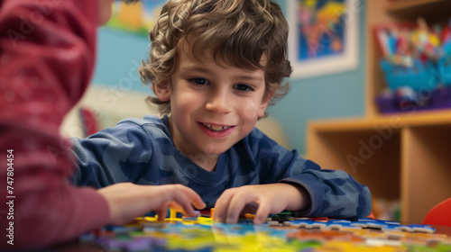 an autistic child enthusiastically completes colorful puzzles, with the help of a warm and caring therapist. Ai generated Images