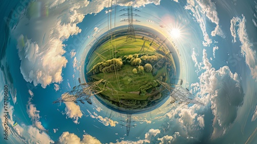 The green little planet transformation unfolds in a spherical panorama, offering a 360-degree abstract aerial view in a field with high voltage electric pylon towers and stunning clouds photo
