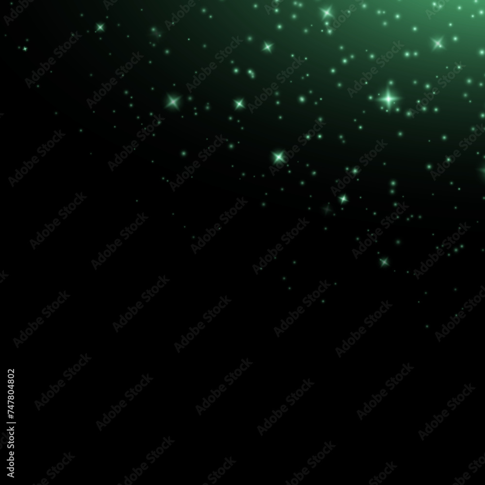 Glittering stardust on black background, sparkling particles, light effect, green color