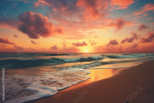 A serene beach sunset scene with text space over the horizon © Rehman