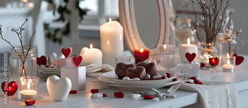 A white table adorned with numerous candles, tealight candles, glass hearts, and wrapped chocolate heart, creating a romantic Valentines Day setting.