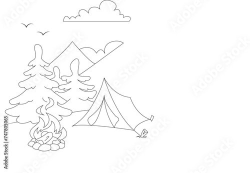 Camping coloring book page for children