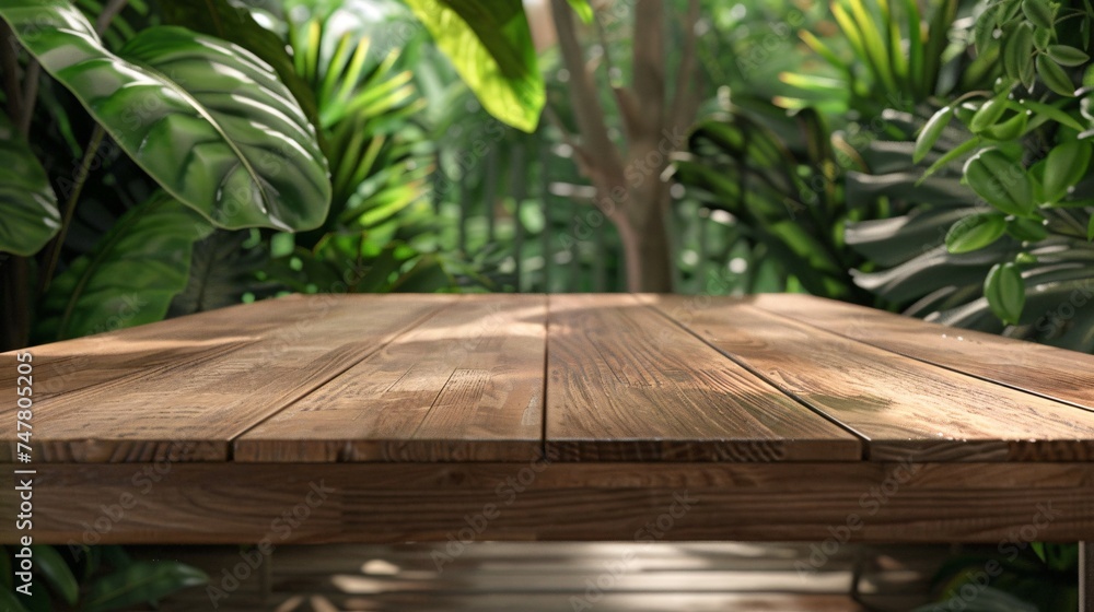 A wooden table set in a lush garden with a view of the beach, showcasing the beauty of nature with palm trees and a clear sky, inviting a sense of tropical summer and tranquility A wooden table set in a lush garden with a view of the beach, showcasing the beauty of nature with palm trees and a clear sky, inviting a sense of tropical summer and tranquility