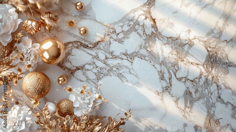 Luxurious golden Christmas decorations on a marble background. Festive holiday arrangement with copy space for elegant greeting cards and invitations.
