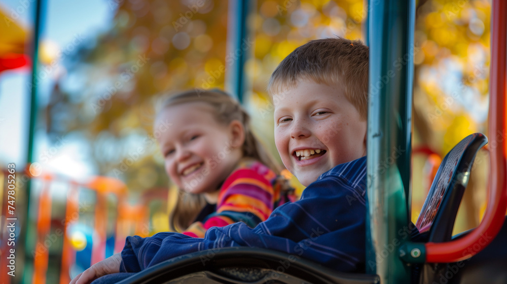 an autistic boy and girl are playing on the playground, with a colorful and full of life background, Ai Generated Images an autistic boy and girl are playing on the playground, with a colorful and full of life background, Ai Generated Images