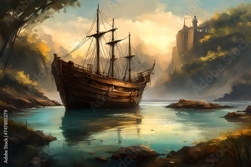 a beatifull, old ship, on an island , a serene view