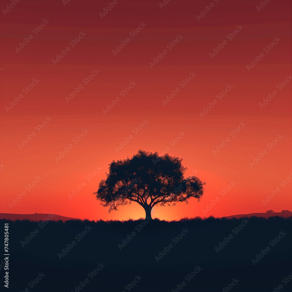 The sky ablaze with color as the sun sets behind a tree.