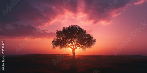 The sky ablaze with color as the sun sets behind a tree.