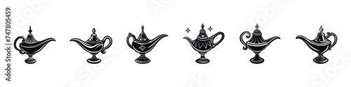 Alladin lamp silhouette. Alladin lamp, Alladin lamp icon, Aladin genie lamp bottle wish cartoon illustration. photo