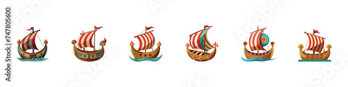 viking's ship on a white background, Drakkar sign. Viking transport ship. Ancient Viking ship, Caravel, drakkar viking, junk. Set sailing ships floating on the sea waves. photo