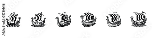 viking's ship on a white background, Drakkar sign. Viking transport ship. Ancient Viking ship, Caravel, drakkar viking, junk. Set sailing ships floating on the sea waves.