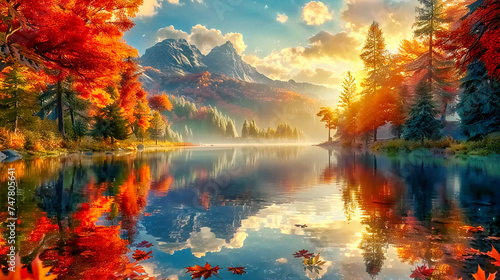 Serene Lake in Autumn Mountainscape, Reflective Water and Forest Beauty, Tranquil Nature and Scenic Outdoor View, Seasonal Landscape and Travel Inspiration