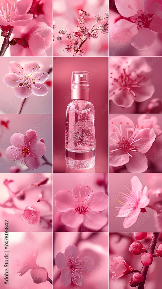 Collage in Shades of Pink Featuring Cherry Blossoms and Cosmetic Products: Perfect for Mobile Phone Wallpapers, Banners, and Backgrounds, Blending Nature's Beauty with Cosmetic Elegance Collage in Shades of Pink Featuring Cherry Blossoms and Cosmetic Products: Perfect for Mobile Phone Wallpapers, Banners, and Backgrounds, Blending Nature's Beauty with Cosmetic Elegance
