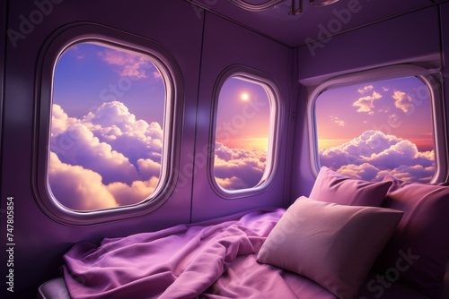 Stunning night sky view through spaceship window displaying soft purple and lilac hues