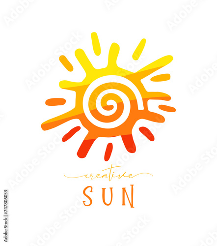 Sun logo concept. Isolated sign. Cute icon. Spring or summer holidays symbol. Creative style. Red, yellow and orange colors. Waving texture with vector clipping mask. Sun and rays. Positive idea.