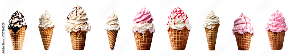 various collection of ice-cream cone waffle with vanilla, coffee, strawberry and chocolate scoops, various collection of ice-cream cone waffle with vanilla, coffee, strawberry and chocolate scoops,