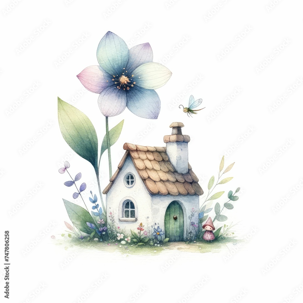 Fairy garden with tiny house, flower, and tiny creature.  watercolor illustration, Fairy House Watercolor Fantasy Clipart. 
