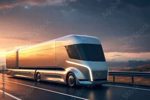 A large futuristic semi-trailer is driving along the highway. Concept for electric freight transport, logistics or cargo transportation. Truck on the highway.