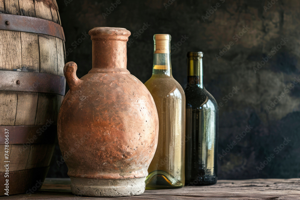 Two Bottles of Wine Next to Barrel in Cellar Two Bottles of Wine Next to Barrel in Cellar