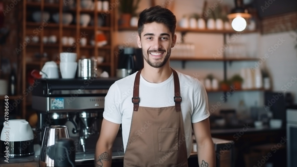 Young cheerful barista wearing black apron while preparing coffee at an automatic machine. Purchase concept.
