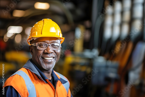 An elderly dark-skinned man is dressed in a hard hat and safety glasses, ready for construction work