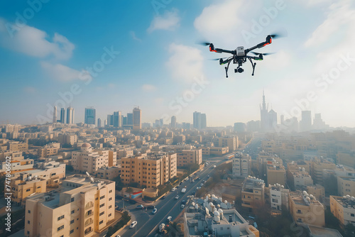 Flying drone above the city at summer morning. Neural network generated image. Not based on any actual scene or pattern.