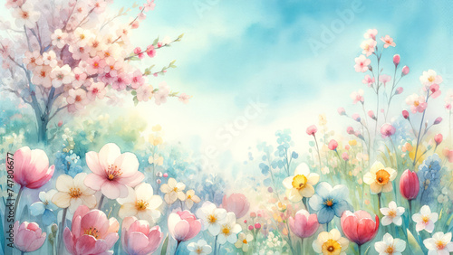 watercolors paint serene spring landscape blooming flowers and a clear blue sky. harmonious blend of blooming spring flowers and whimsical trees, evoking a sense of peace and artistic beauty.