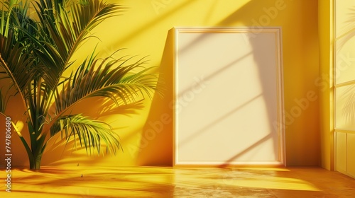 an empty frame on the floor in front of a Yellow wall, in the style of ASOS decor.