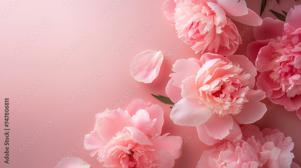 Soft Pink Background with Lush Pink Peonies, Top View, Plenty of Negative Space for Text: Ideal for Wallpapers, Backgrounds, and Banners, Radiating Elegance and Femininity