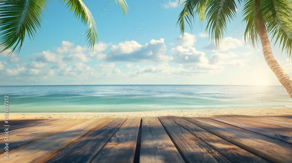 Wooden floor over tropical beach with palm trees and blue sky background. Vacation concept Wooden floor over tropical beach with palm trees and blue sky background. Vacation concept