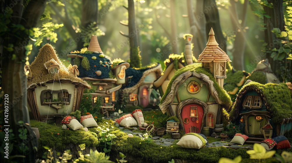 Fototapeta premium In the heart of a forest, a miniature fantasy fairy village is illuminated by light filtering through the forest canopy above.